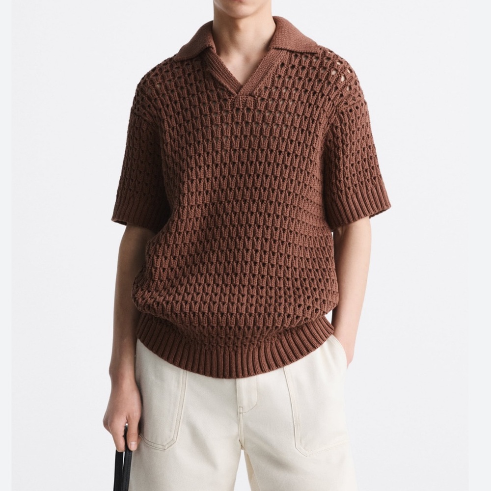 Zara Brown Short Sleeve Knit Polo Sweater